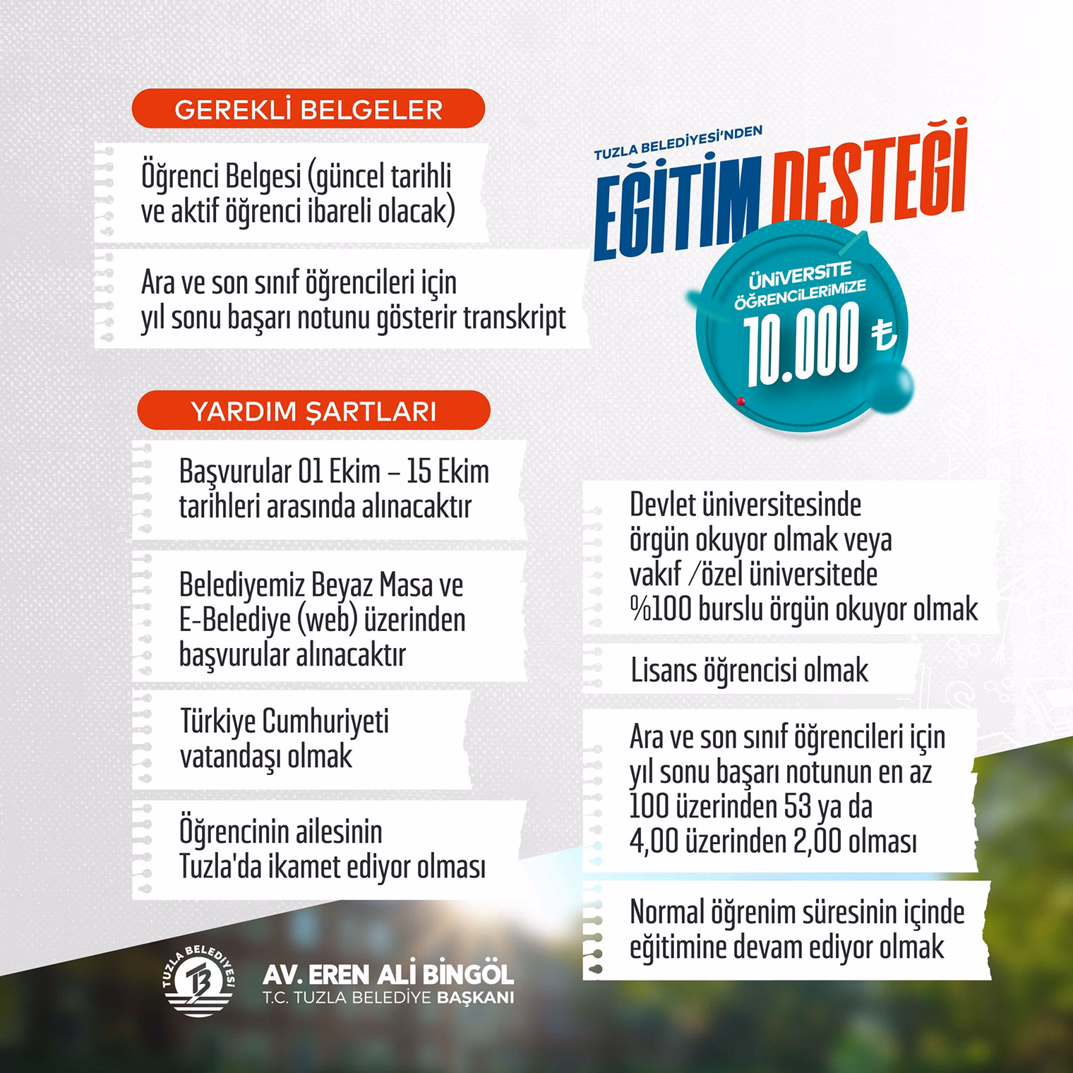 Tuzla Belediyesi’nden üniversite öğrencilerine 10 bin TL’lik eğitim desteği